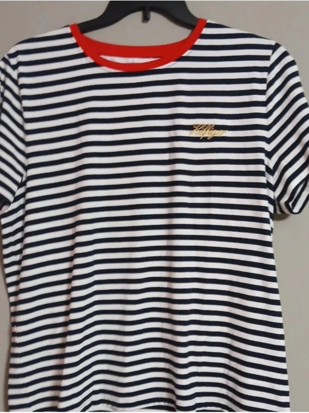 Tommy Hilfiger Script Logo Stripe T-Shirt Blue & White XL
